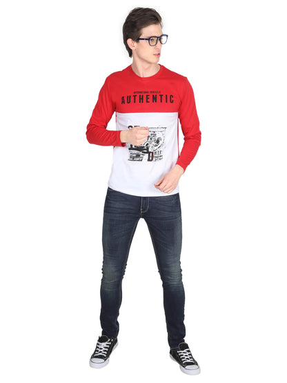 Men's Cotton Color Block Printed Round Neck Full Sleeve T-Shirt