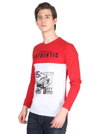 Men's Cotton Color Block Printed Round Neck Full Sleeve T-Shirt
