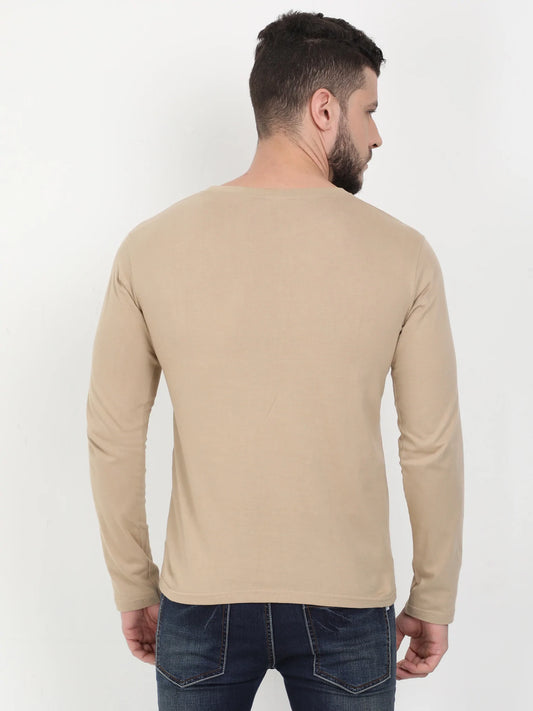 Men's Cotton Plain Round Neck Full Sleeve Biscuit Color T-Shirt