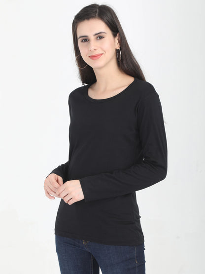 Women's Cotton Plain Round Neck Full Sleeve Black Color T-Shirt