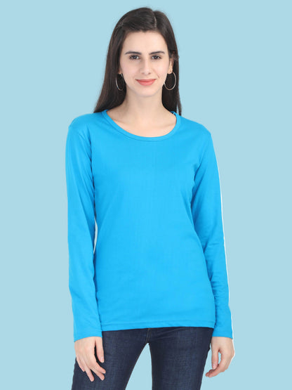 Women's Cotton Plain Round Neck Full Sleeve Blue Color T-Shirt