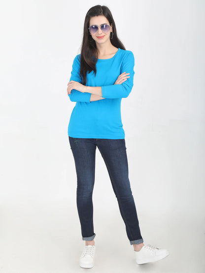 Women's Cotton Plain Round Neck Full Sleeve Blue Color T-Shirt