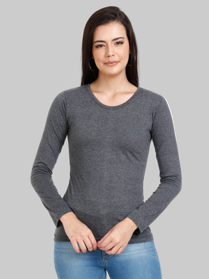 Women's Cotton Plain Round Neck Full Sleeve Charcoal Melange Color T-Shirt