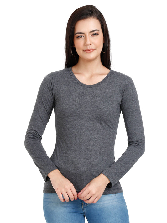 Women's Cotton Plain Round Neck Full Sleeve Charcoal Melange Color T-Shirt