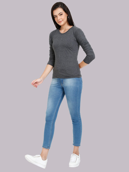 Women's Cotton Plain Round Neck Full Sleeve Charcoal Melange Color T-Shirt