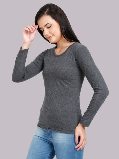 Women's Cotton Plain Round Neck Full Sleeve Charcoal Melange Color T-Shirt