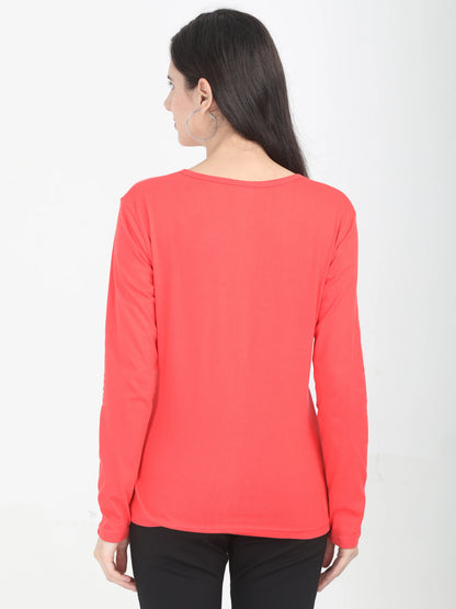 Women's Cotton Plain Round Neck Full Sleeve Coral Red Color T-Shirt