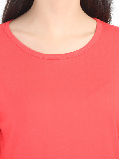 Women's Cotton Plain Round Neck Full Sleeve Coral Red Color T-Shirt