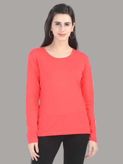 Women's Cotton Plain Round Neck Full Sleeve Coral Red Color T-Shirt