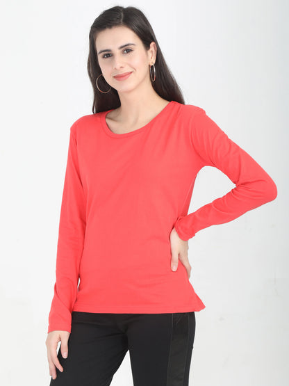 Women's Cotton Plain Round Neck Full Sleeve Coral Red Color T-Shirt