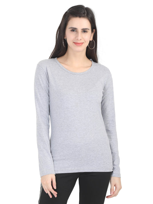 Women's Cotton Plain Round Neck Full Sleeve Grey Melange Color T-Shirt