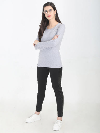 Women's Cotton Plain Round Neck Full Sleeve Grey Melange Color T-Shirt