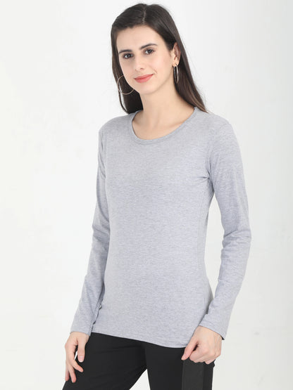 Women's Cotton Plain Round Neck Full Sleeve Grey Melange Color T-Shirt