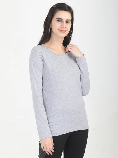 Women's Cotton Plain Round Neck Full Sleeve Grey Melange Color T-Shirt