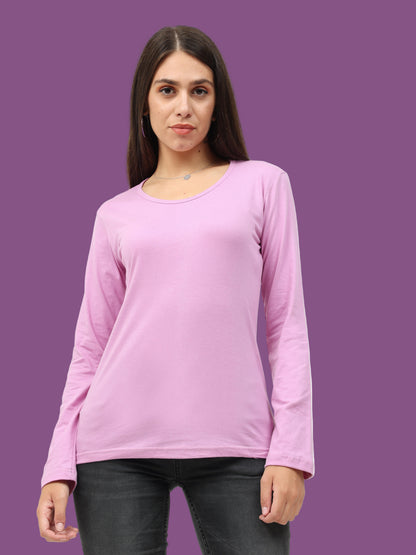 Women's Cotton Plain Round Neck Full Sleeve Lavender Color T-Shirt
