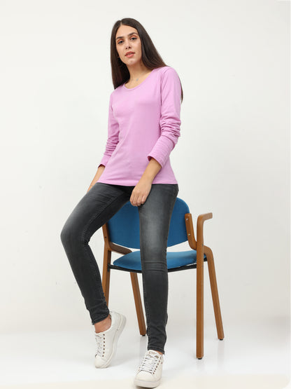 Women's Cotton Plain Round Neck Full Sleeve Lavender Color T-Shirt
