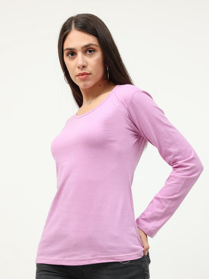 Women's Cotton Plain Round Neck Full Sleeve Lavender Color T-Shirt