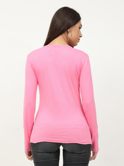 Women's Cotton Plain Round Neck Full Sleeve Light Pink Color T-Shirt