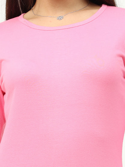 Women's Cotton Plain Round Neck Full Sleeve Light Pink Color T-Shirt