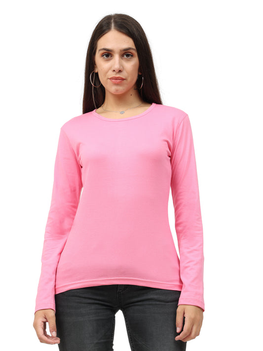 Women's Cotton Plain Round Neck Full Sleeve Light Pink Color T-Shirt