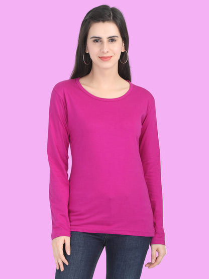 Women's Cotton Plain Round Neck Full Sleeve Magenta Color T-Shirt
