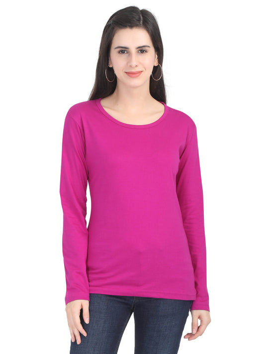 Women's Cotton Plain Round Neck Full Sleeve Magenta Color T-Shirt