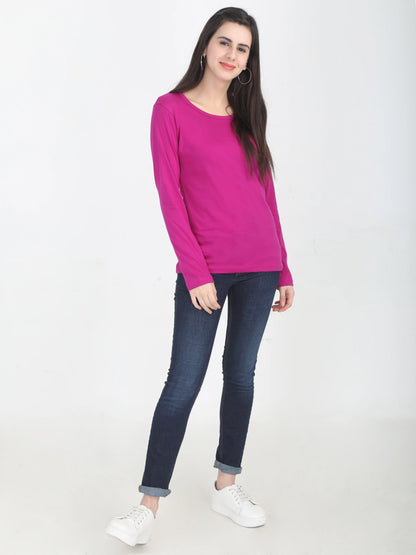 Women's Cotton Plain Round Neck Full Sleeve Magenta Color T-Shirt