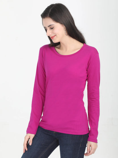 Women's Cotton Plain Round Neck Full Sleeve Magenta Color T-Shirt