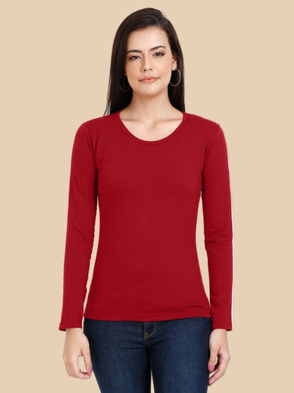 Women's Cotton Plain Round Neck Full Sleeve Maroon Color T-Shirt