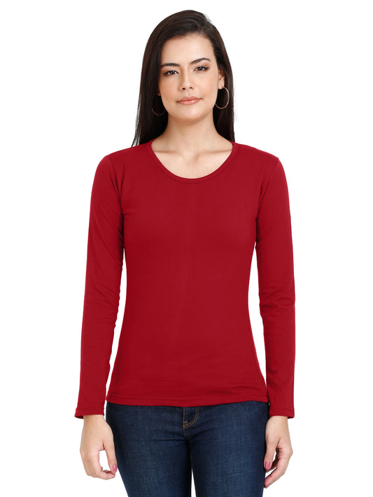 Women's Cotton Plain Round Neck Full Sleeve Maroon Color T-Shirt