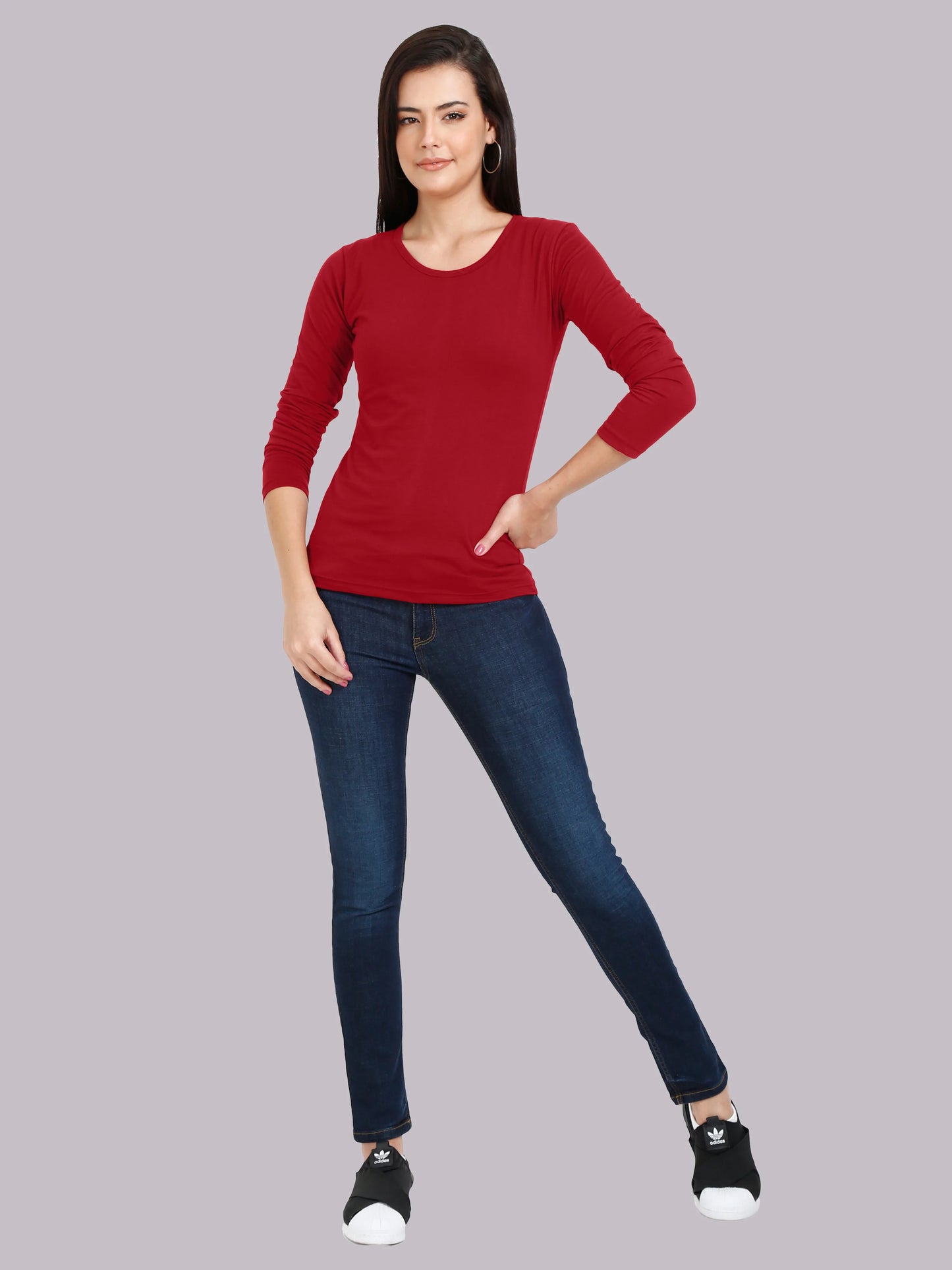Women's Cotton Plain Round Neck Full Sleeve Maroon Color T-Shirt