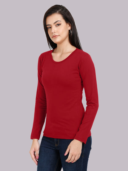 Women's Cotton Plain Round Neck Full Sleeve Maroon Color T-Shirt