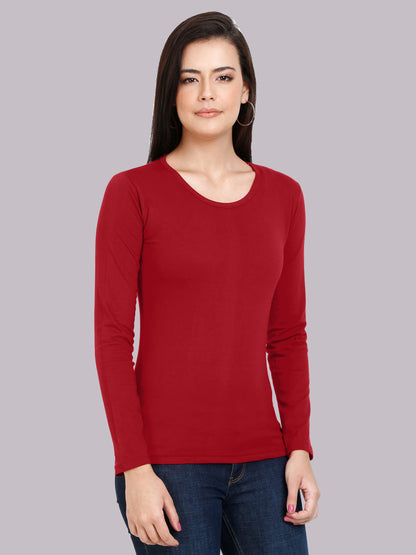 Women's Cotton Plain Round Neck Full Sleeve Maroon Color T-Shirt