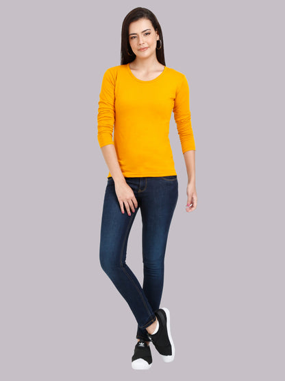 Women's Cotton Plain Round Neck Full Sleeve Mustard Yellow Color T-Shirt