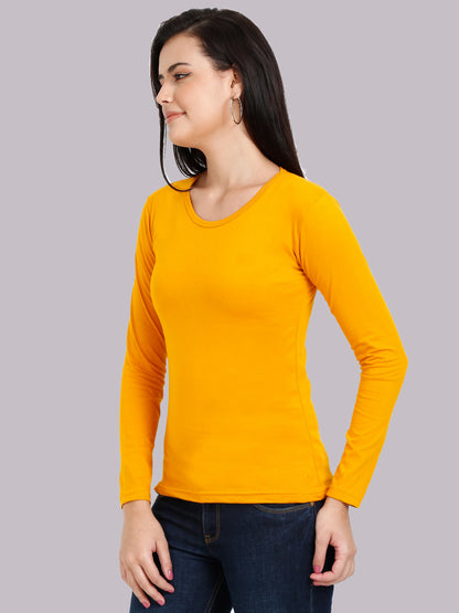 Women's Cotton Plain Round Neck Full Sleeve Mustard Yellow Color T-Shirt
