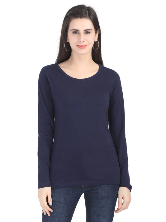 Women's Cotton Plain Round Neck Full Sleeve Navy Blue Color T-Shirt