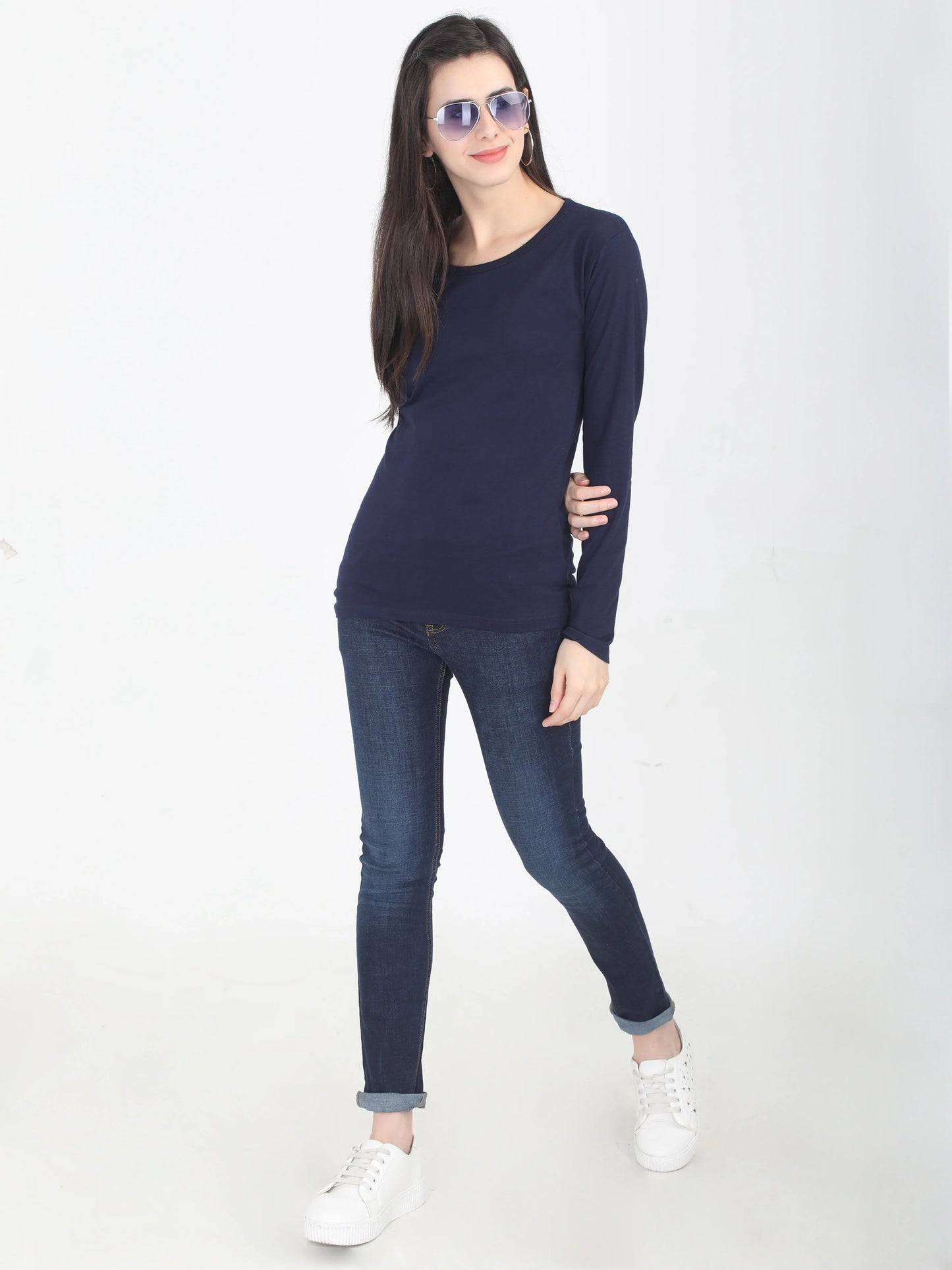 Women's Cotton Plain Round Neck Full Sleeve Navy Blue Color T-Shirt