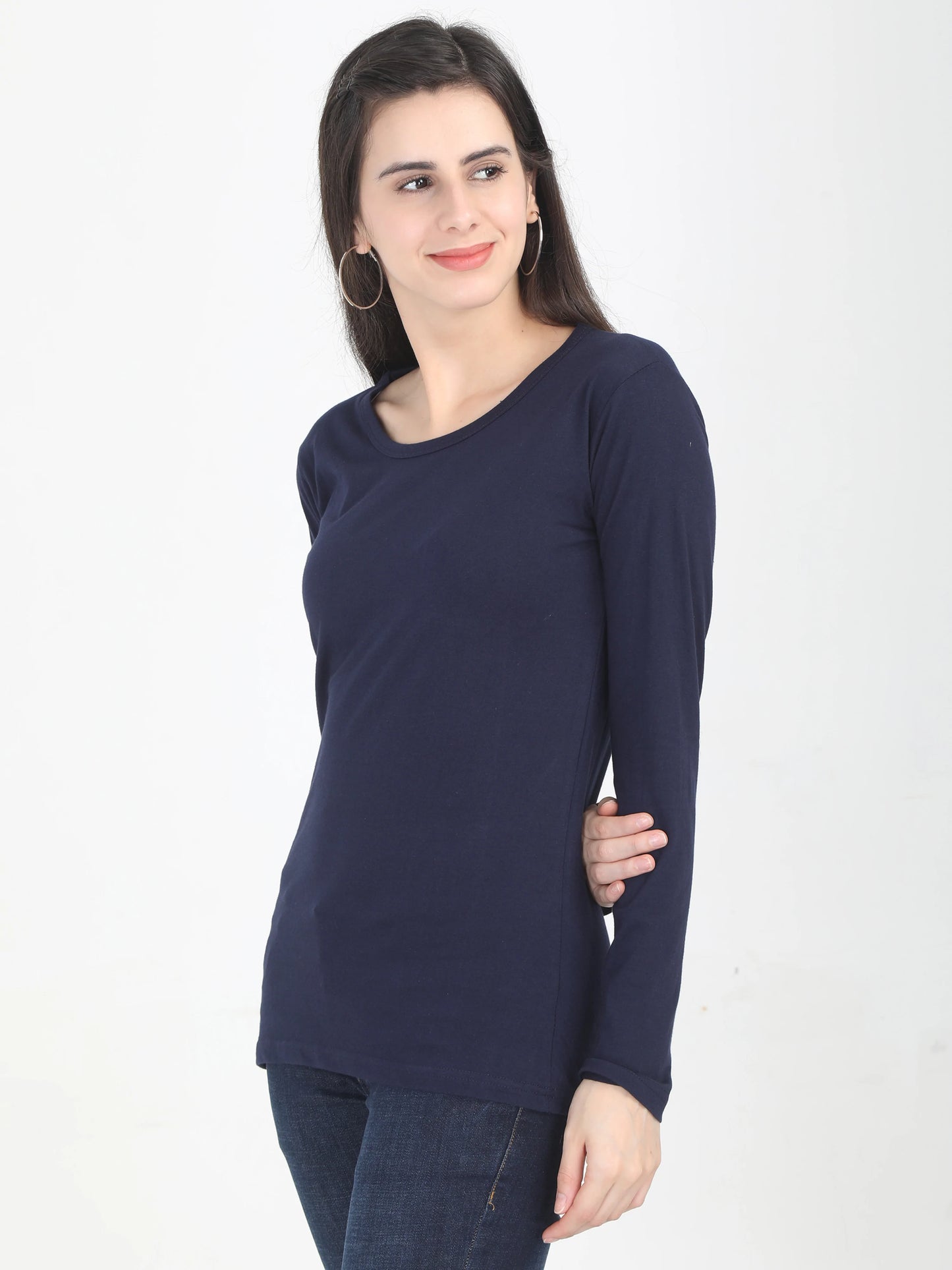 Women's Cotton Plain Round Neck Full Sleeve Navy Blue Color T-Shirt