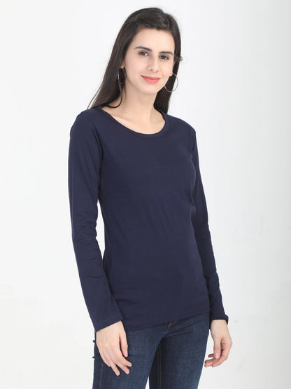 Women's Cotton Plain Round Neck Full Sleeve Navy Blue Color T-Shirt