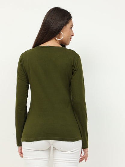 Women's Cotton Plain Round Neck Full Sleeve Olive Green Color T-Shirt
