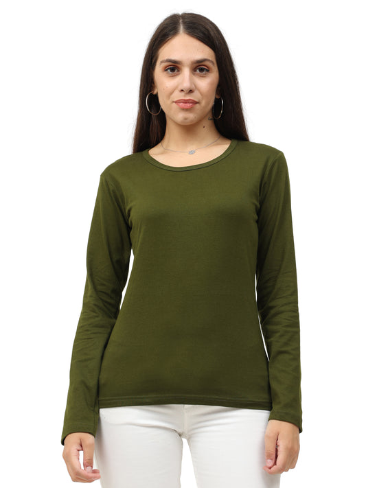 Women's Cotton Plain Round Neck Full Sleeve Olive Green Color T-Shirt