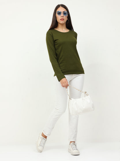 Women's Cotton Plain Round Neck Full Sleeve Olive Green Color T-Shirt