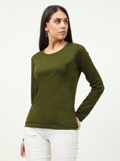 Women's Cotton Plain Round Neck Full Sleeve Olive Green Color T-Shirt