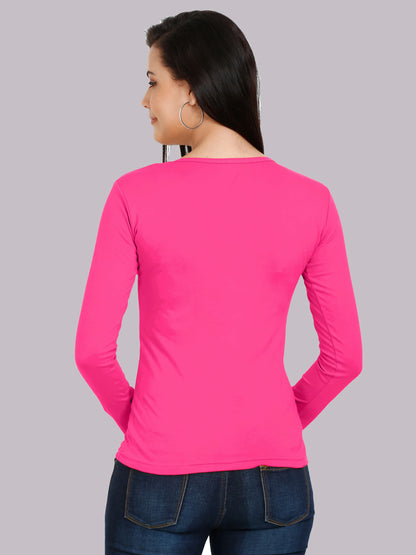 Women's Cotton Plain Round Neck Full Sleeve Pink Color T-Shirt