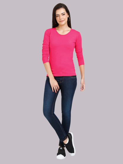 Women's Cotton Plain Round Neck Full Sleeve Pink Color T-Shirt