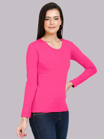 Women's Cotton Plain Round Neck Full Sleeve Pink Color T-Shirt