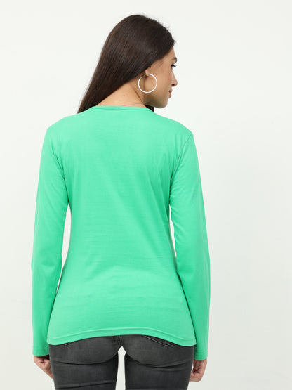 Women's Cotton Plain Round Neck Full Sleeve Pista Green Color T-Shirt