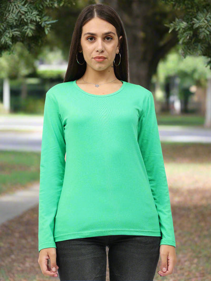 Women's Cotton Plain Round Neck Full Sleeve Pista Green Color T-Shirt