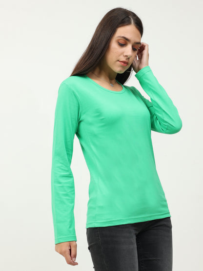 Women's Cotton Plain Round Neck Full Sleeve Pista Green Color T-Shirt