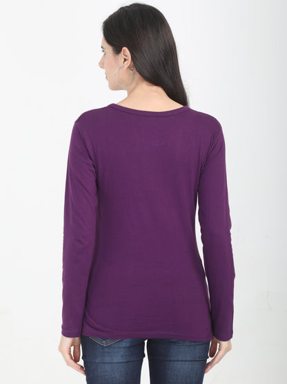 Women's Cotton Plain Round Neck Full Sleeve Purple Color T-Shirt